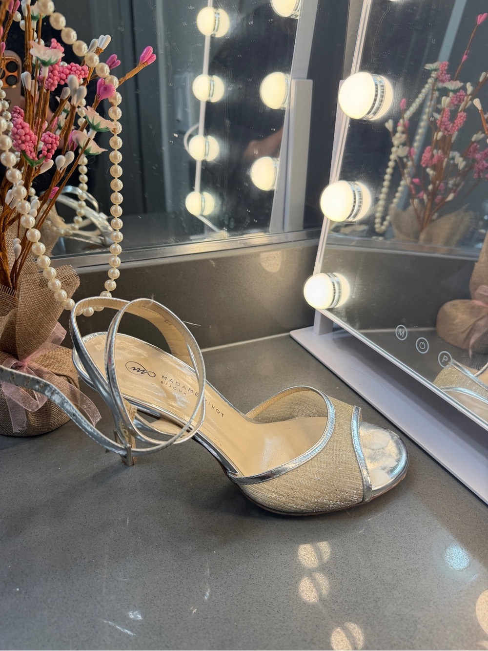 Metallic Silver Netted Open-Back Heels for Tango Dancing by Madame Pivot Bijoux